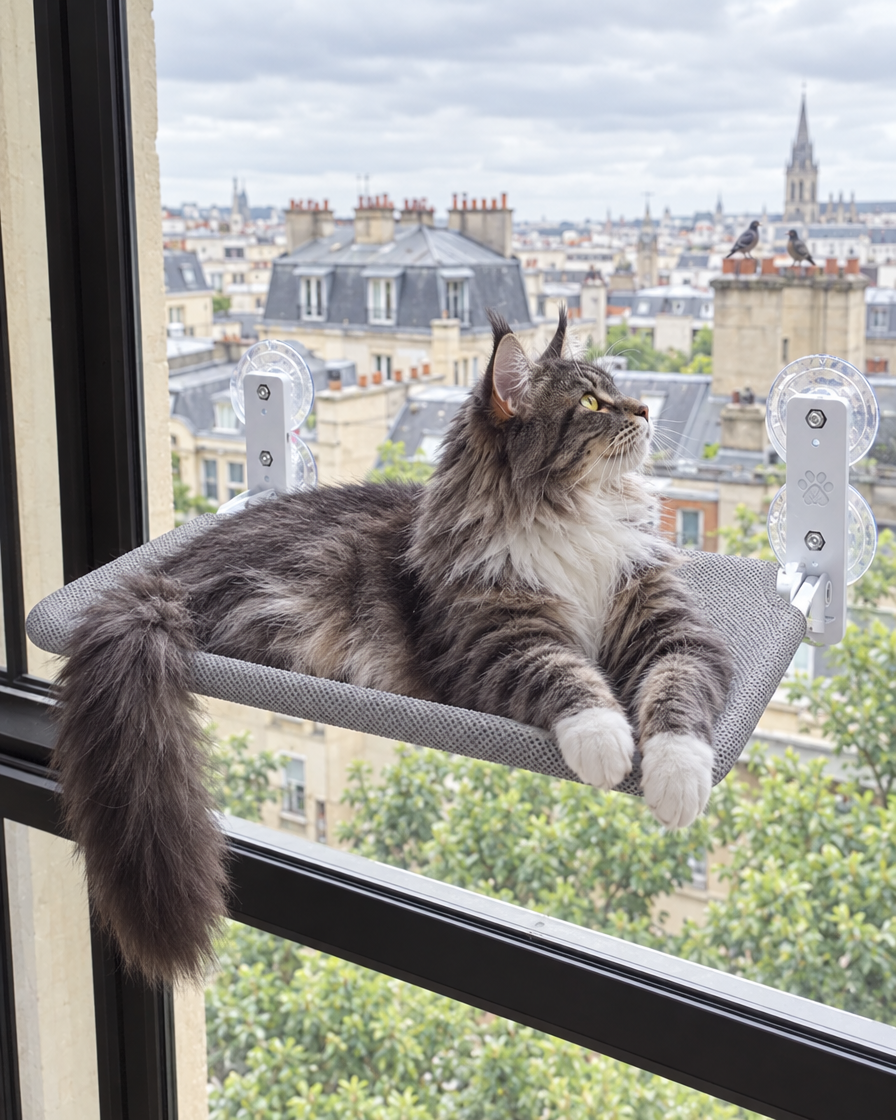 Maine Coon allongé sur le hamac de fenêtre