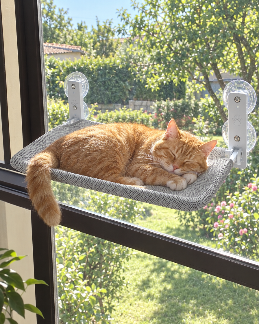 Chat roux dormant au soleil sur le hamac de fenêtre