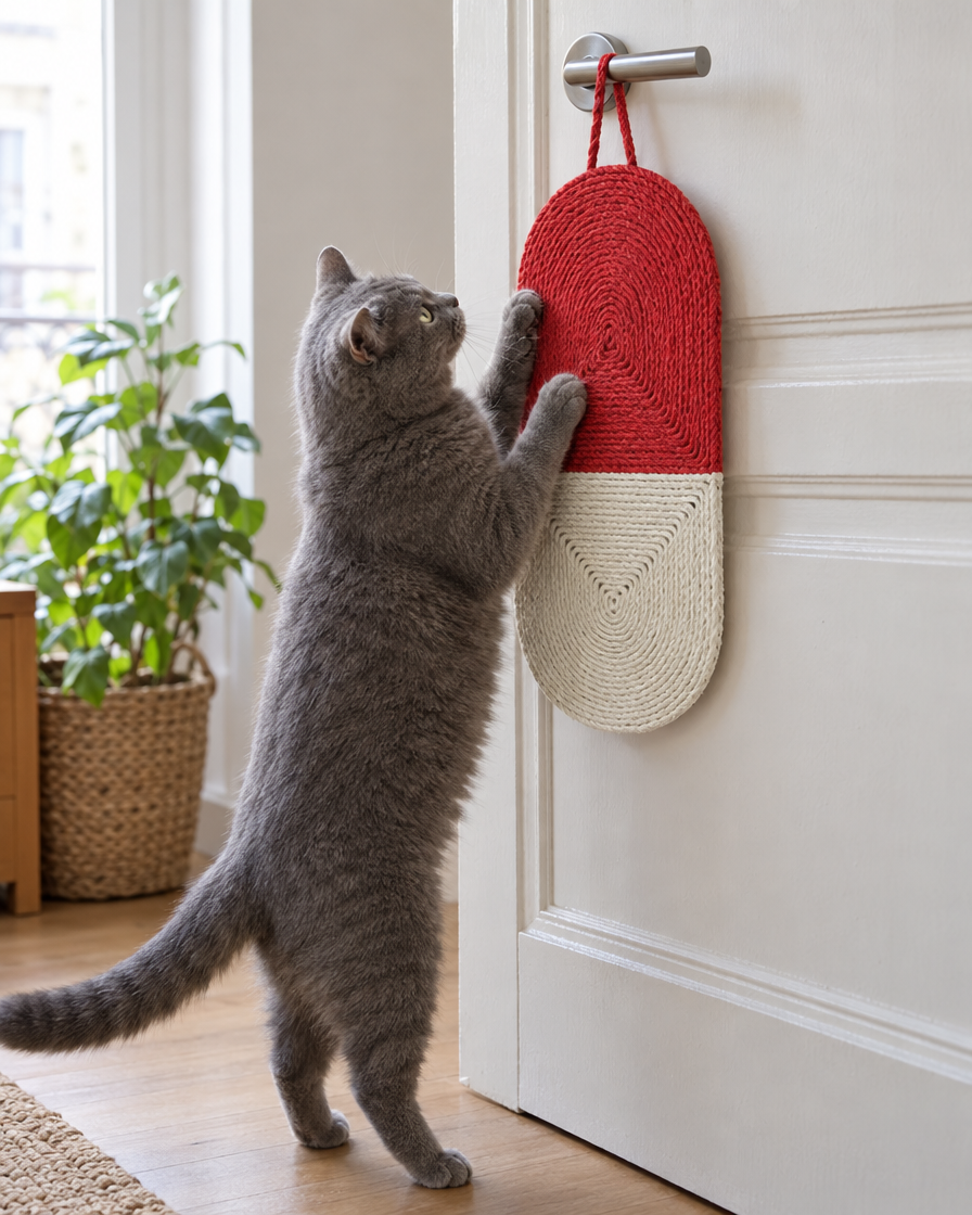 Tapis griffoir en sisal suspendu à une poignée de porte