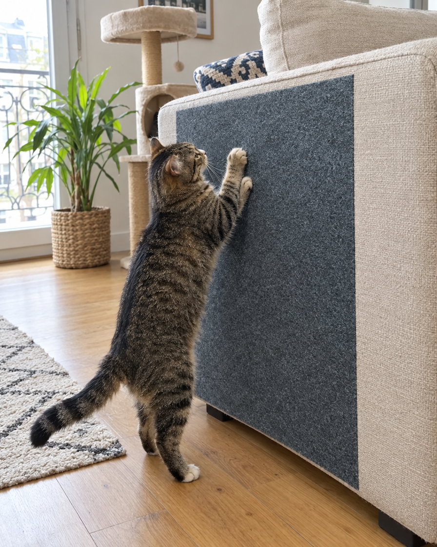 Chat griffant le tapis griffoir collé sur le canapé