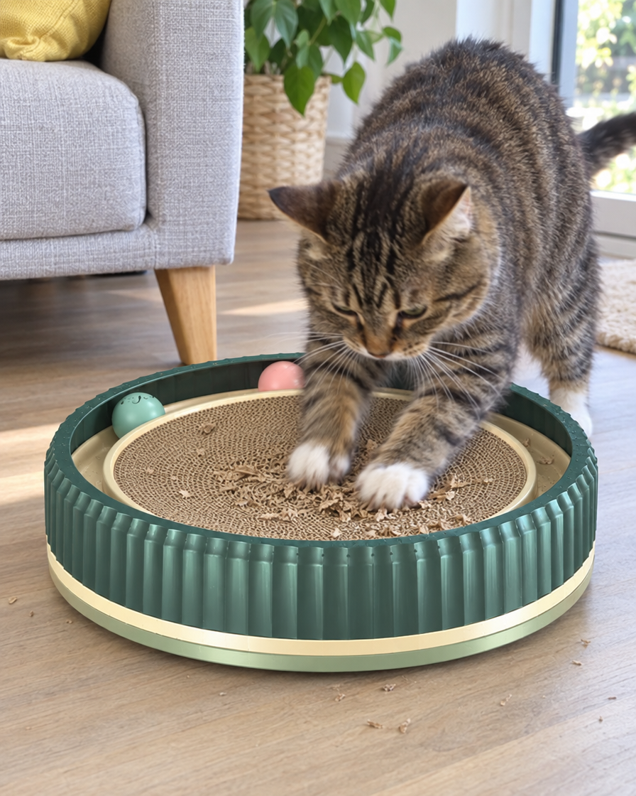 Chat tigré griffant le griffoir rond en carton
