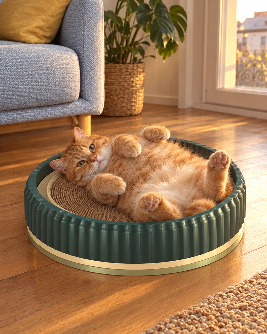 Chat roux allongé sur le dos dans le griffoir