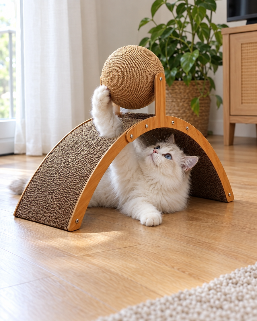 Chat blanc jouant avec la balle sous l'arche