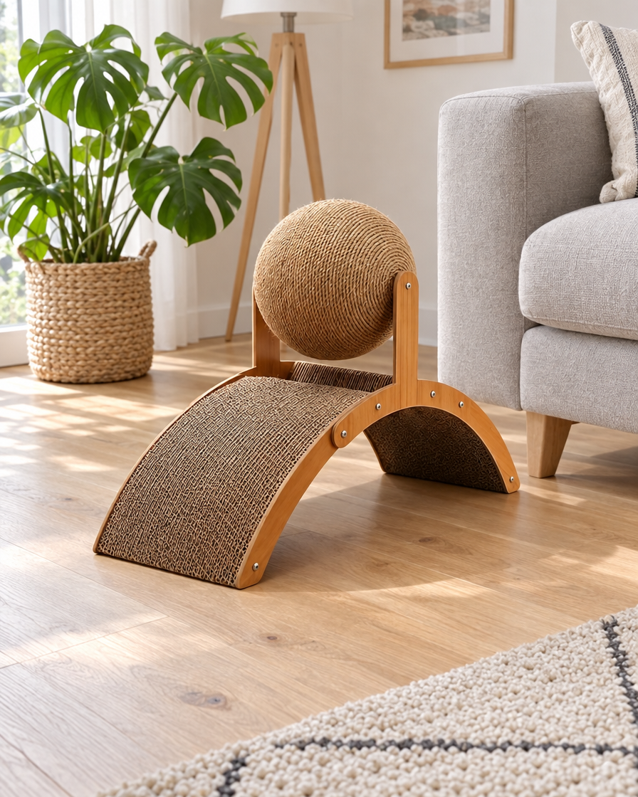 Griffoir arche en carton avec balle dans un salon
