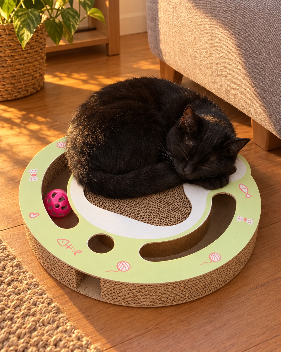 Chat noir dormant sur le griffoir patte