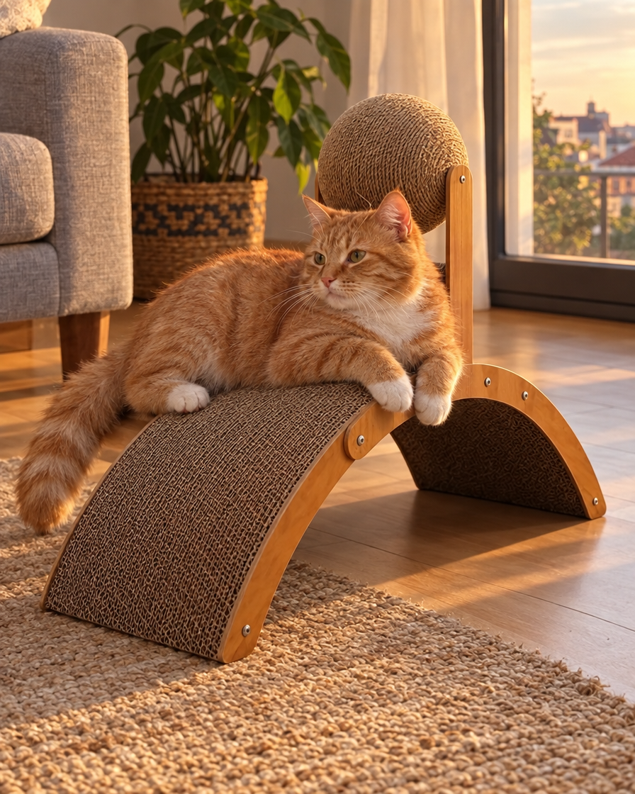 Chat roux allongé sur le griffoir arche