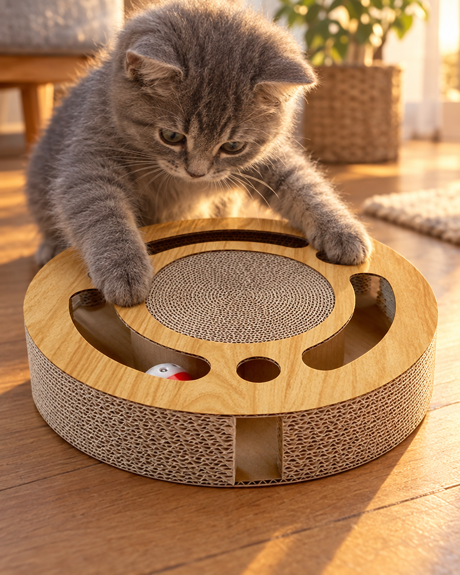 Chaton gris jouant avec le griffoir circuit