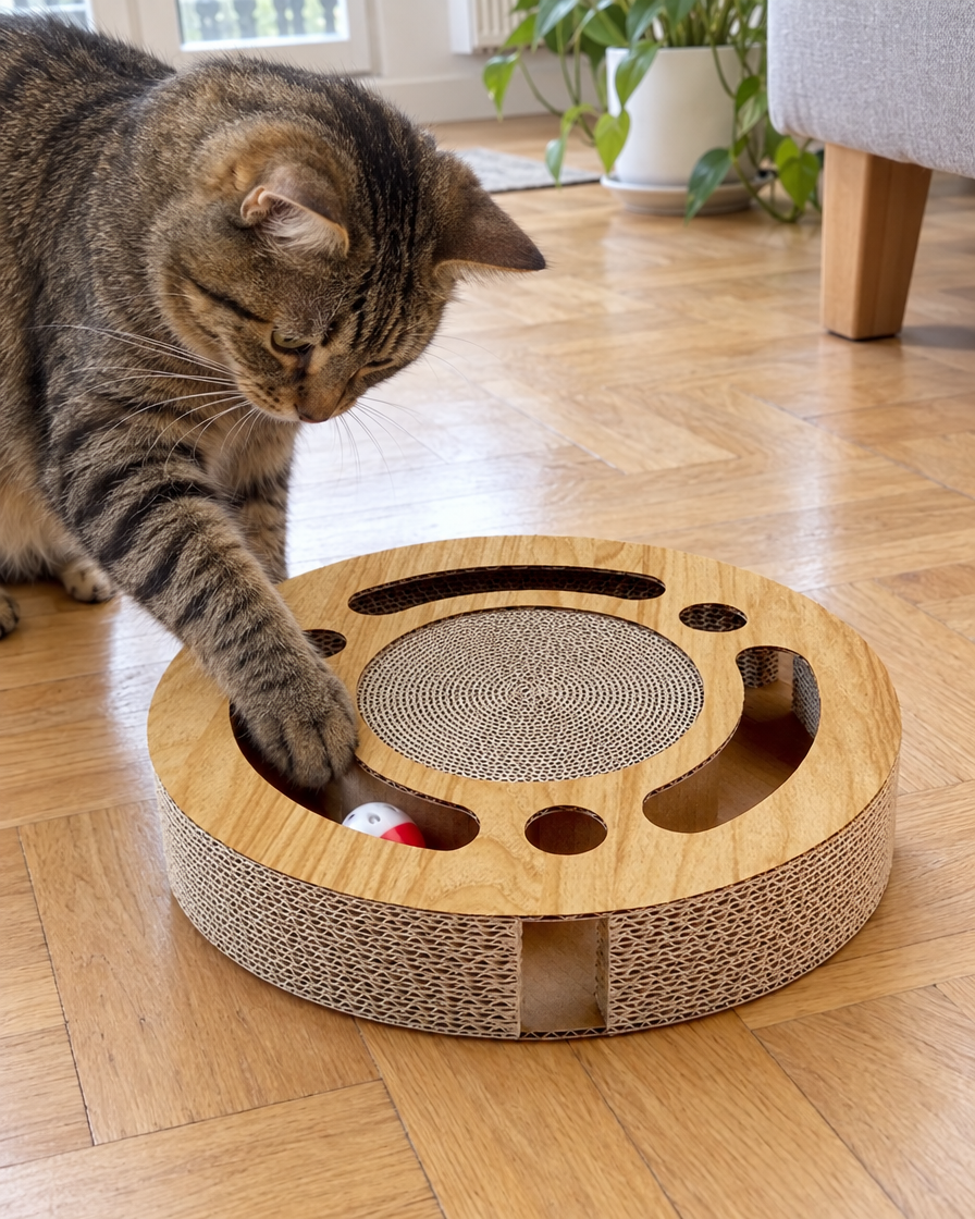 Chat tigré attrapant la balle du griffoir circuit