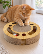 Chat roux griffant le disque du griffoir rond