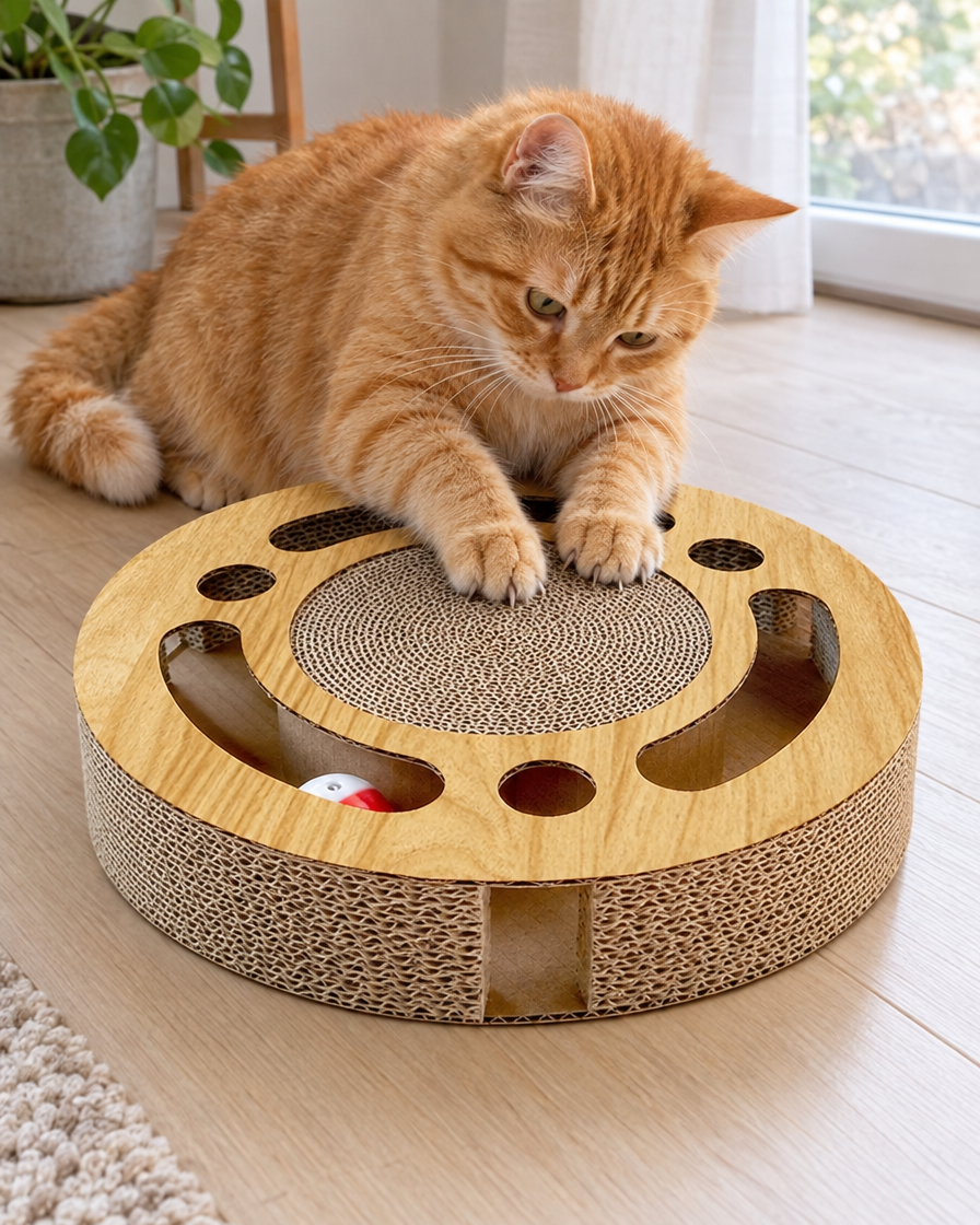 Chat roux griffant le disque du griffoir rond