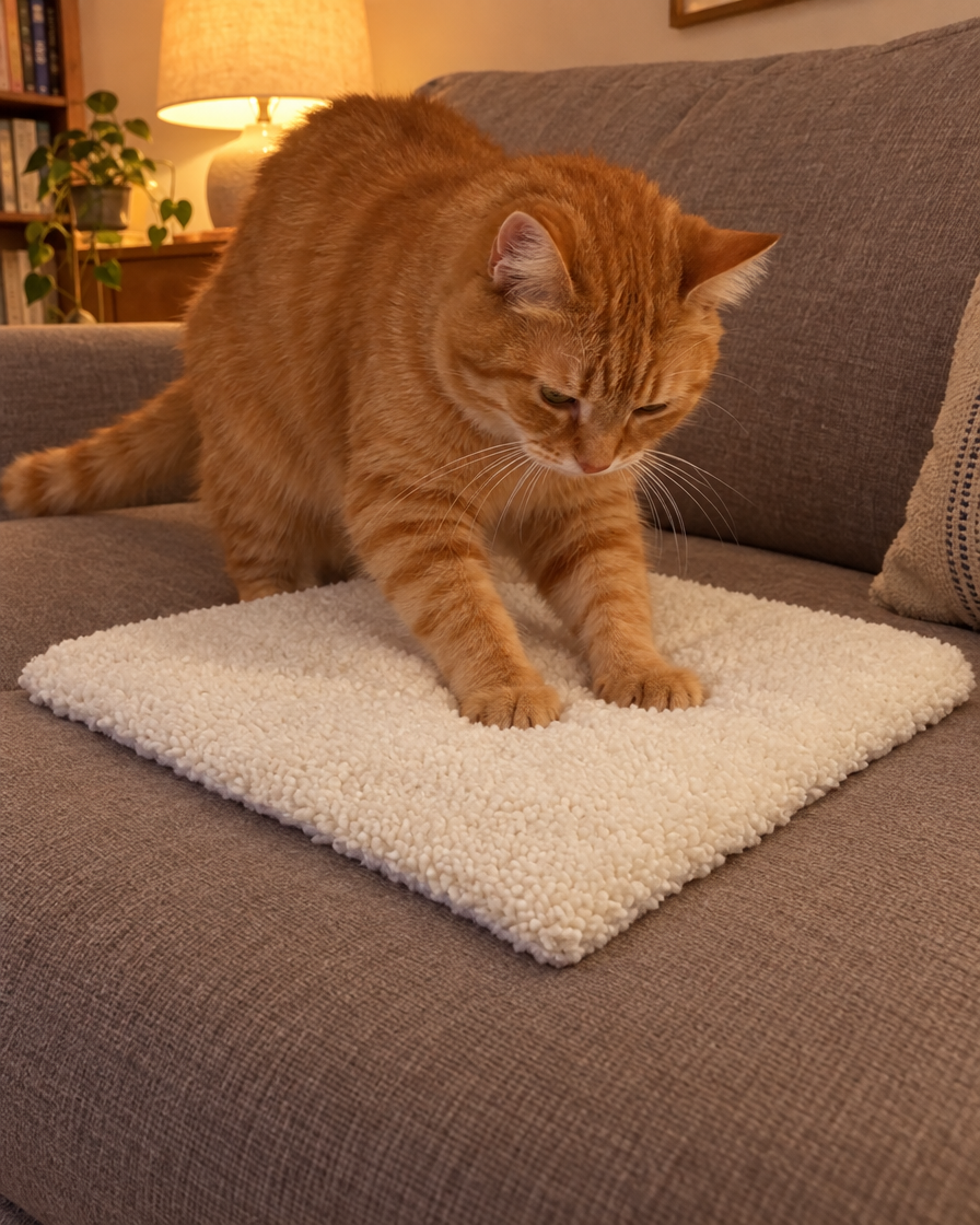 Chat roux pétrissant le tapis en peluche