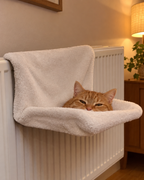 Chat roux au chaud dans le hamac de radiateur