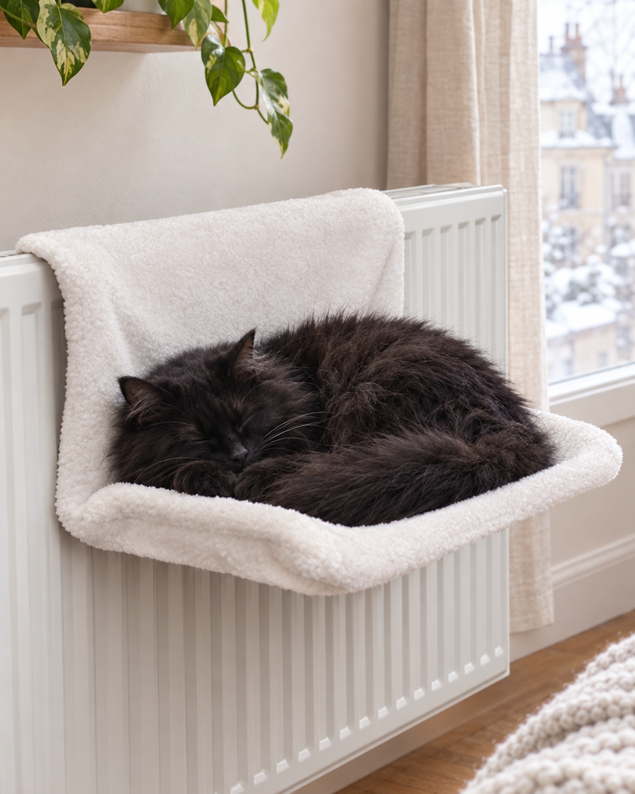 Chat noir dormant dans le hamac de radiateur
