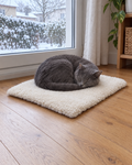Chat gris dormant sur le tapis auto-chauffant en hiver