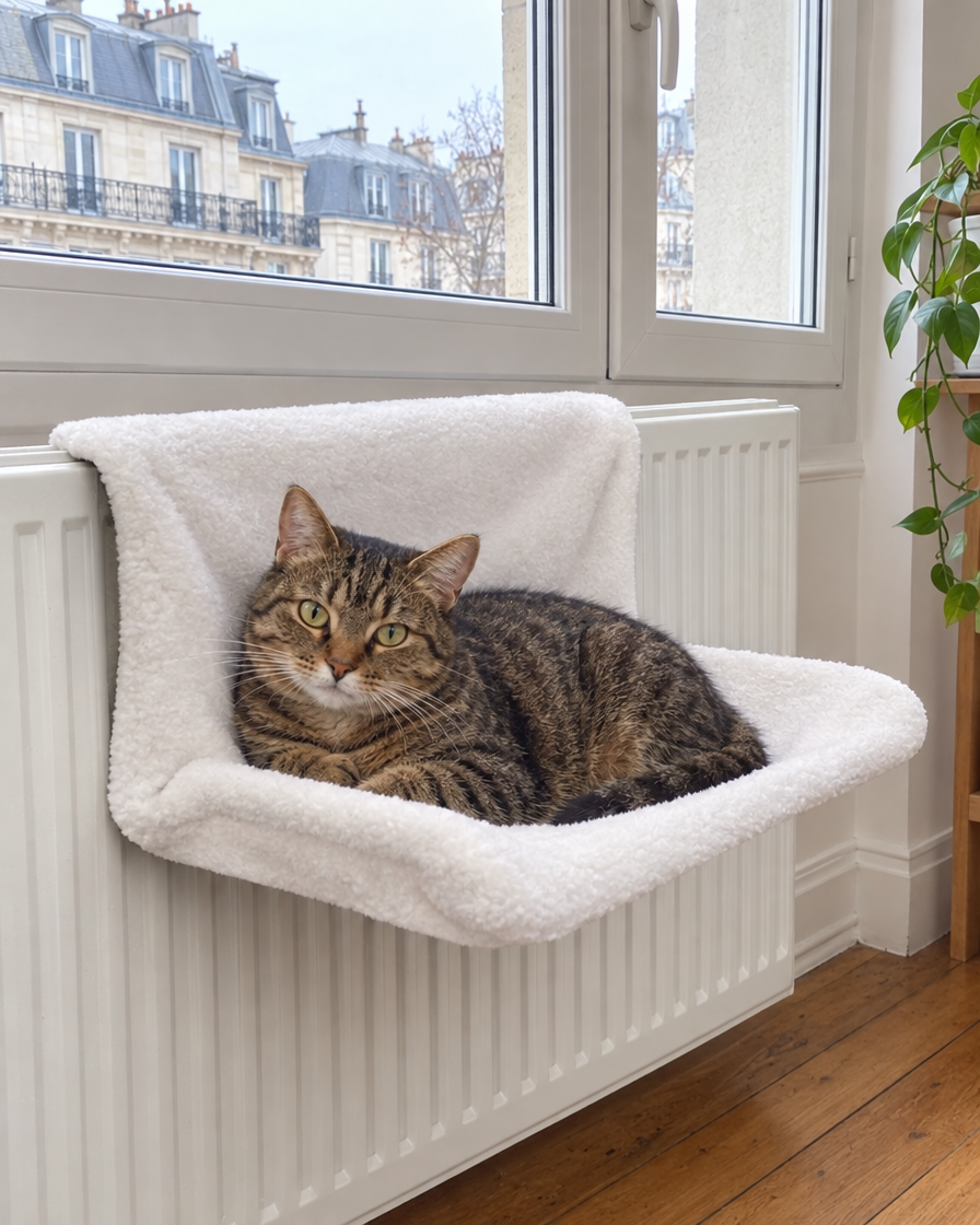 Chat tigré dans le hamac de radiateur