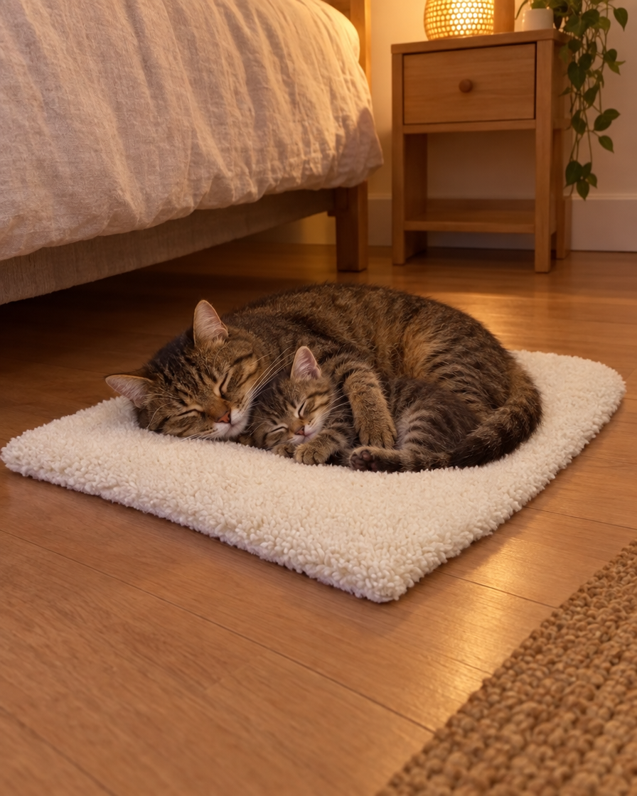 Chat et chaton dormant sur le tapis auto-chauffant