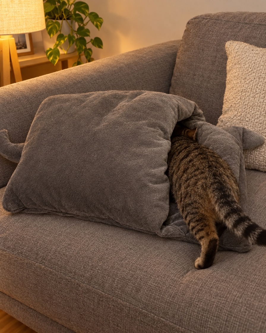 Chat tigré se glissant dans le sac de couchage
