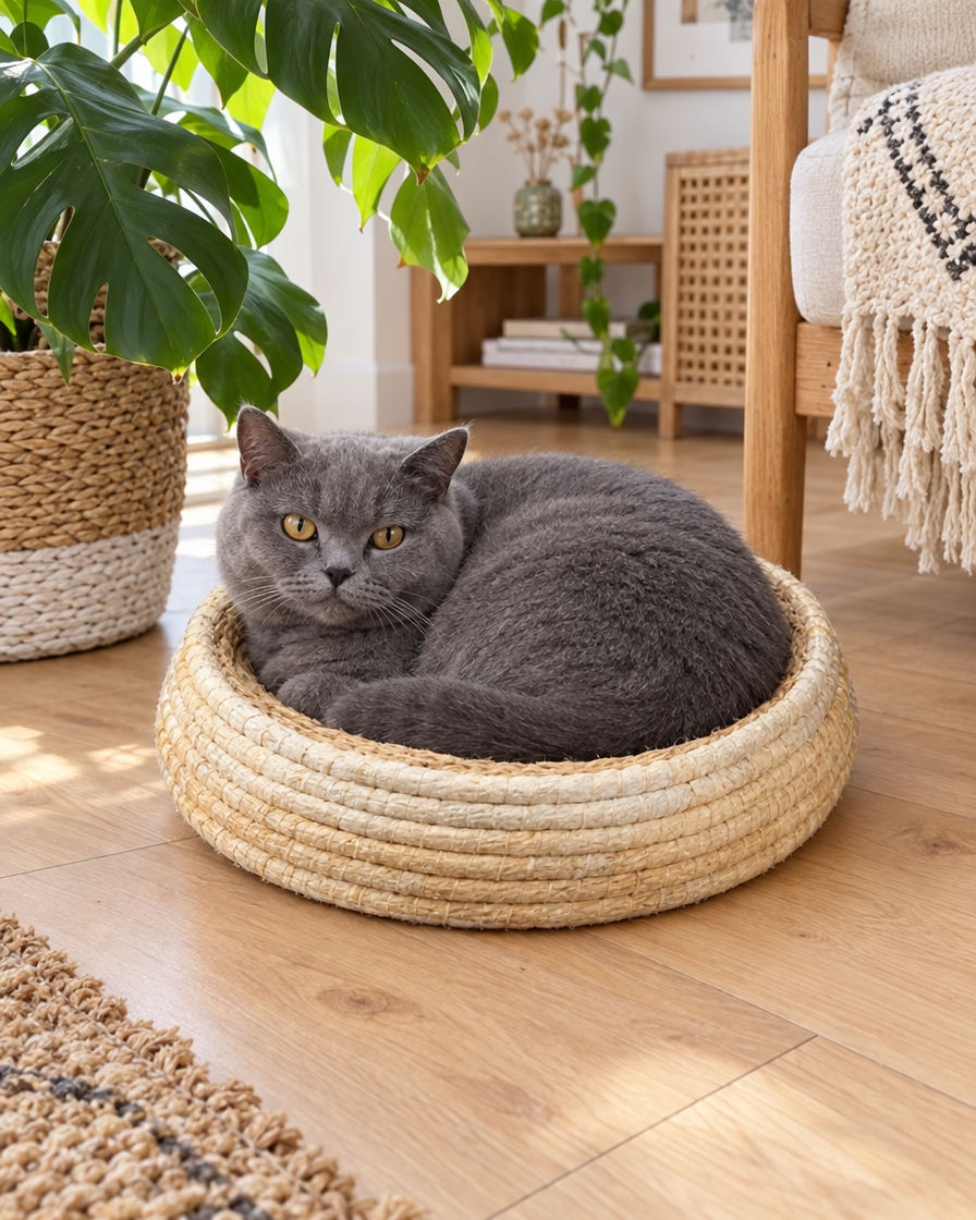 Chat gris dans le nid tressé en paille naturelle
