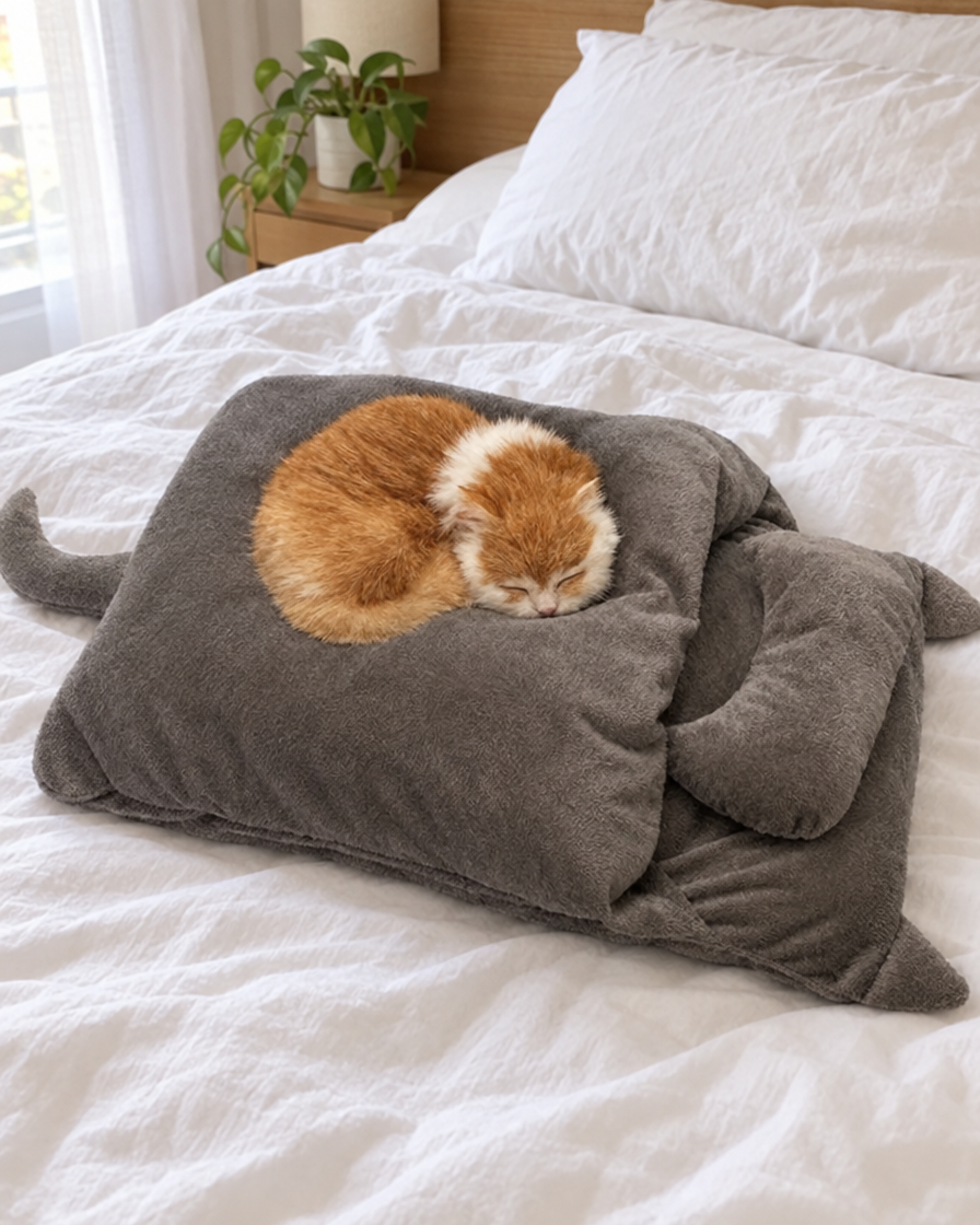 Chat roux dormant sur le sac de couchage en velours