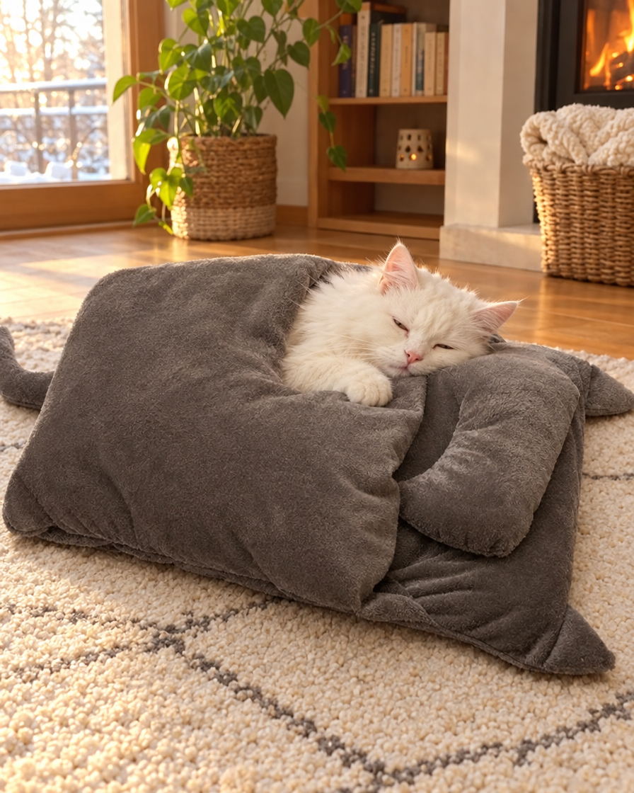 Chat blanc au chaud sur le sac de couchage