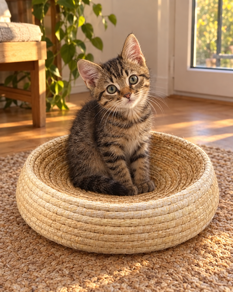 Chaton tigré assis dans le nid tressé