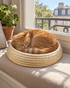 Chat roux dormant au soleil dans le nid tressé