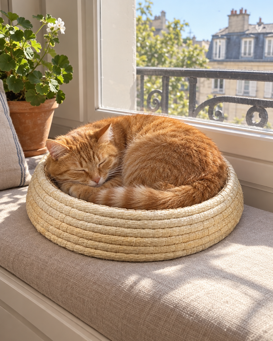 Chat roux dormant au soleil dans le nid tressé
