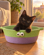 Chaton noir jouant dans le panier en corde