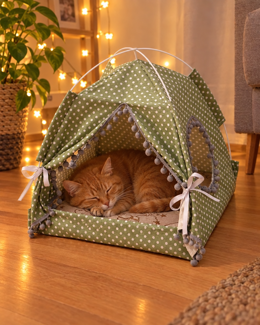 Chat roux dormant dans la tente cabane