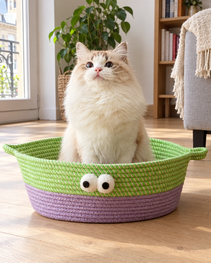 Chat crème assis dans le panier en corde tressée