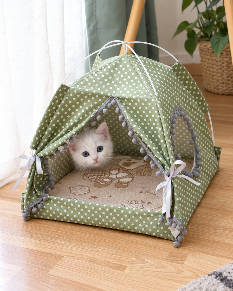 Chaton blanc sortant de la tente cabane