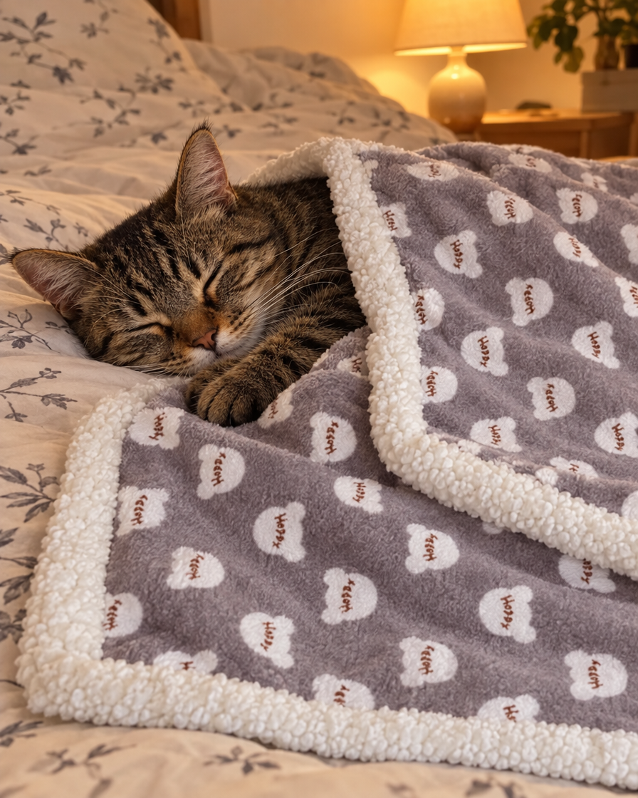 Chat tigré dormant sous le plaid doux