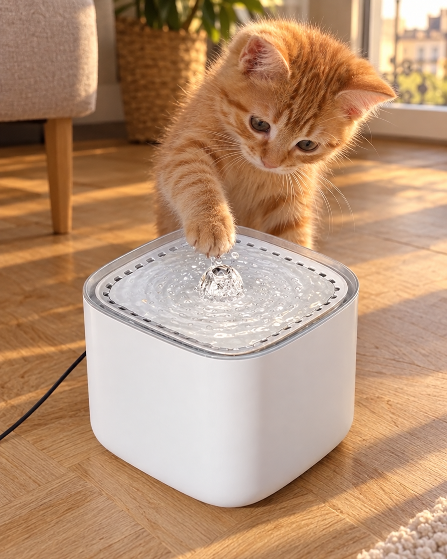 Chaton roux jouant avec l'eau de la fontaine