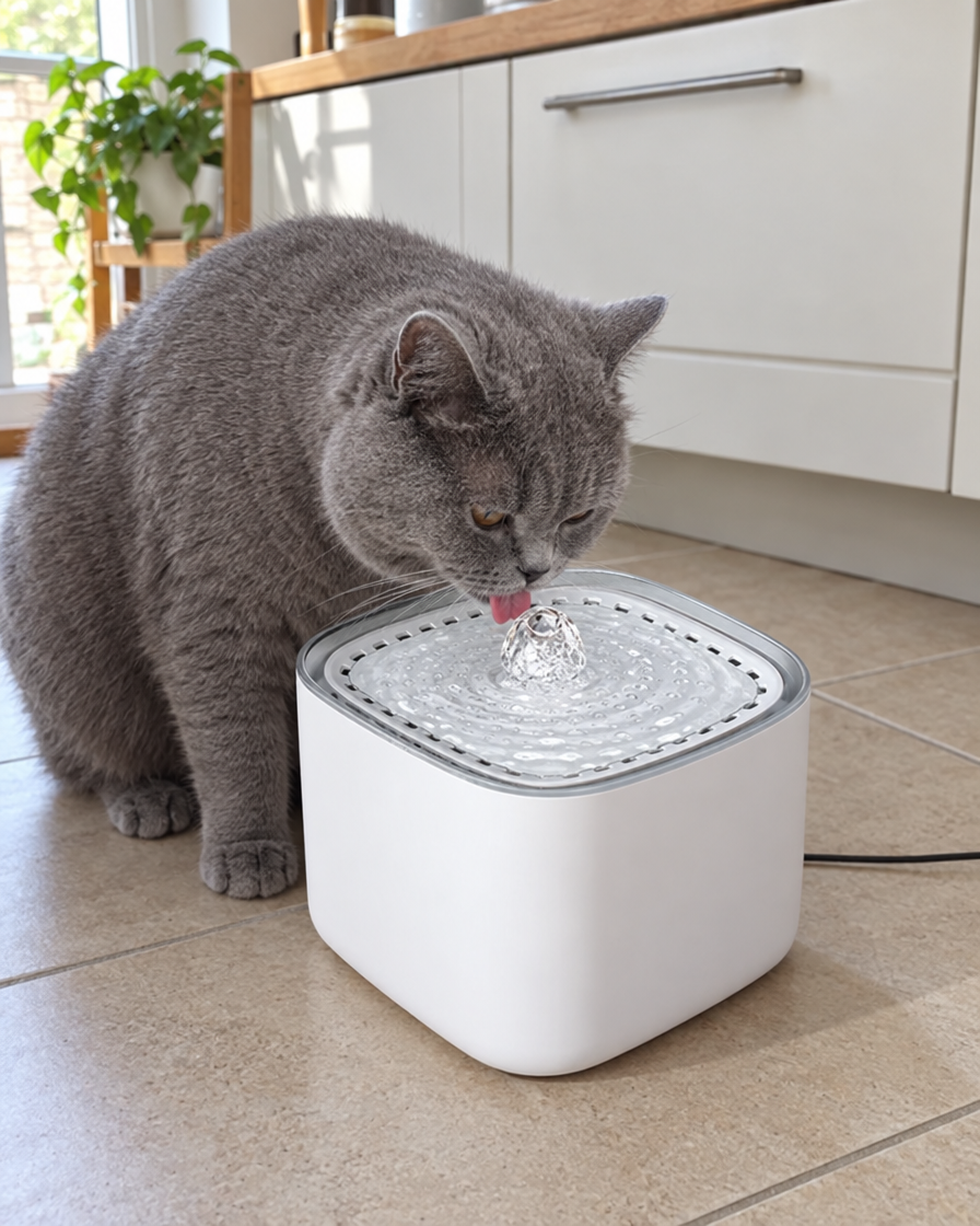 Chat gris buvant à la fontaine silencieuse