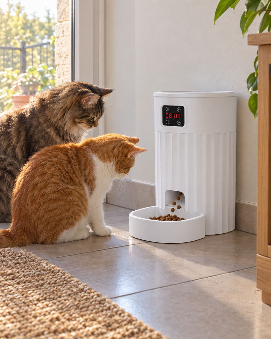 Deux chats attendant leur repas au distributeur