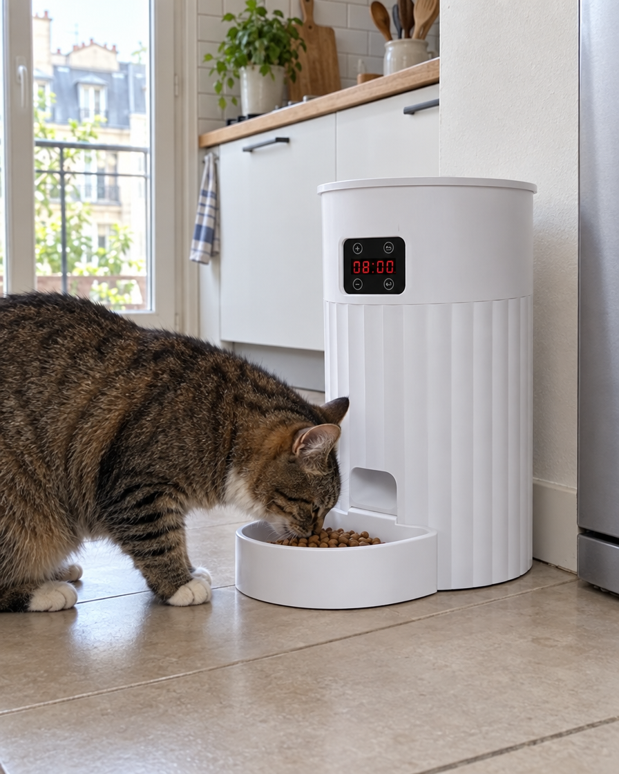 Chat mangeant au distributeur de croquettes programmable