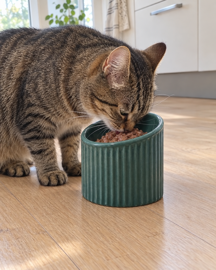 Chat tigré mangeant dans la gamelle surélevée inclinée