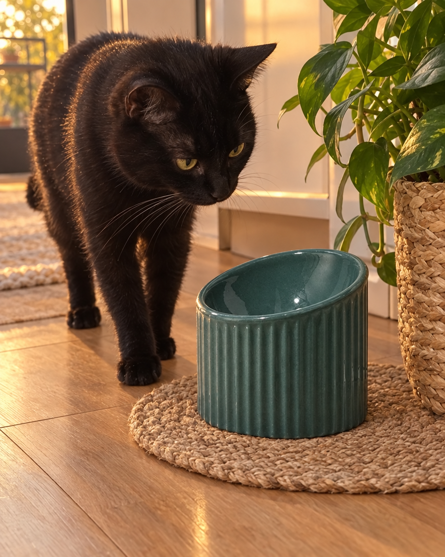 Chat noir devant sa gamelle surélevée