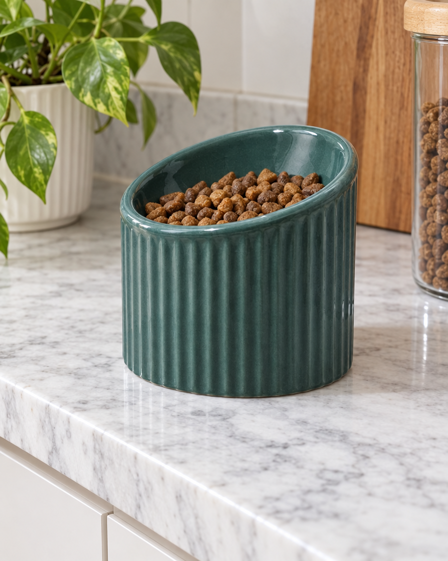 Gamelle surélevée verte remplie de croquettes