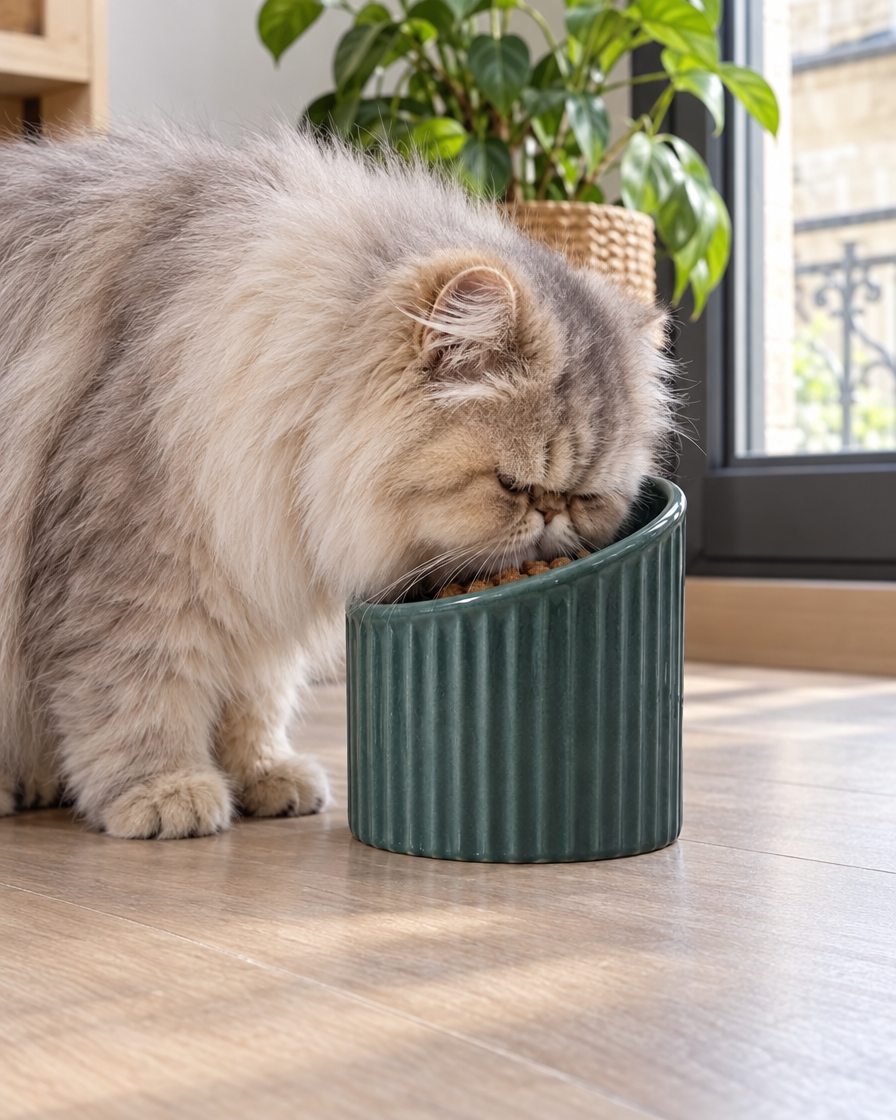 Chat persan mangeant confortablement dans la gamelle inclinée