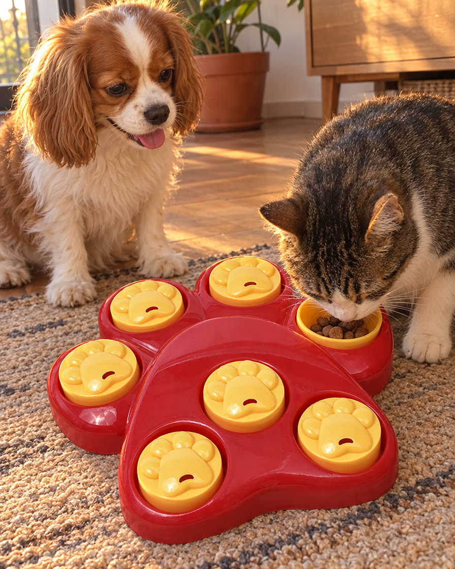 Chat et chien autour du puzzle à friandises