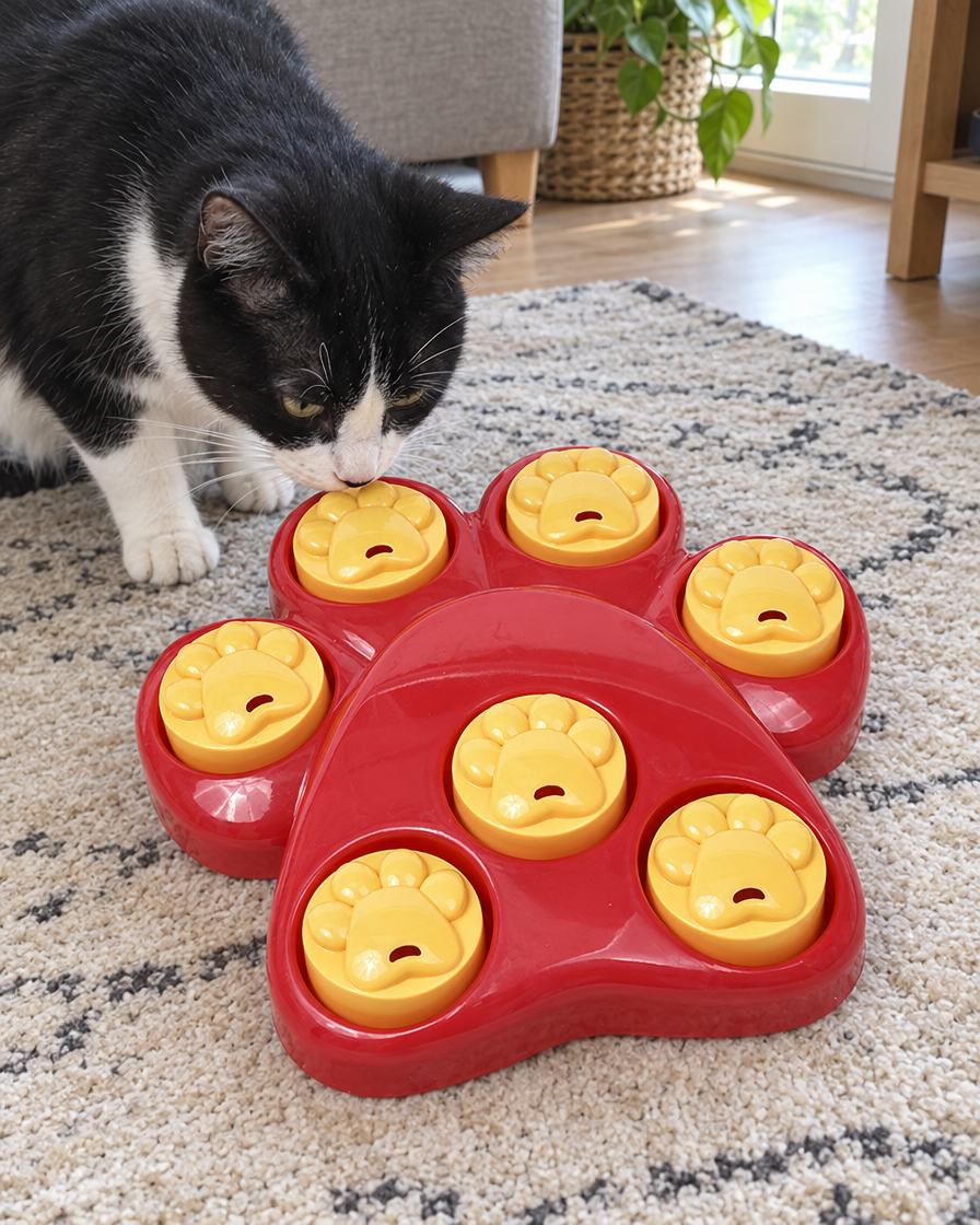 Chat reniflant le puzzle distributeur de friandises