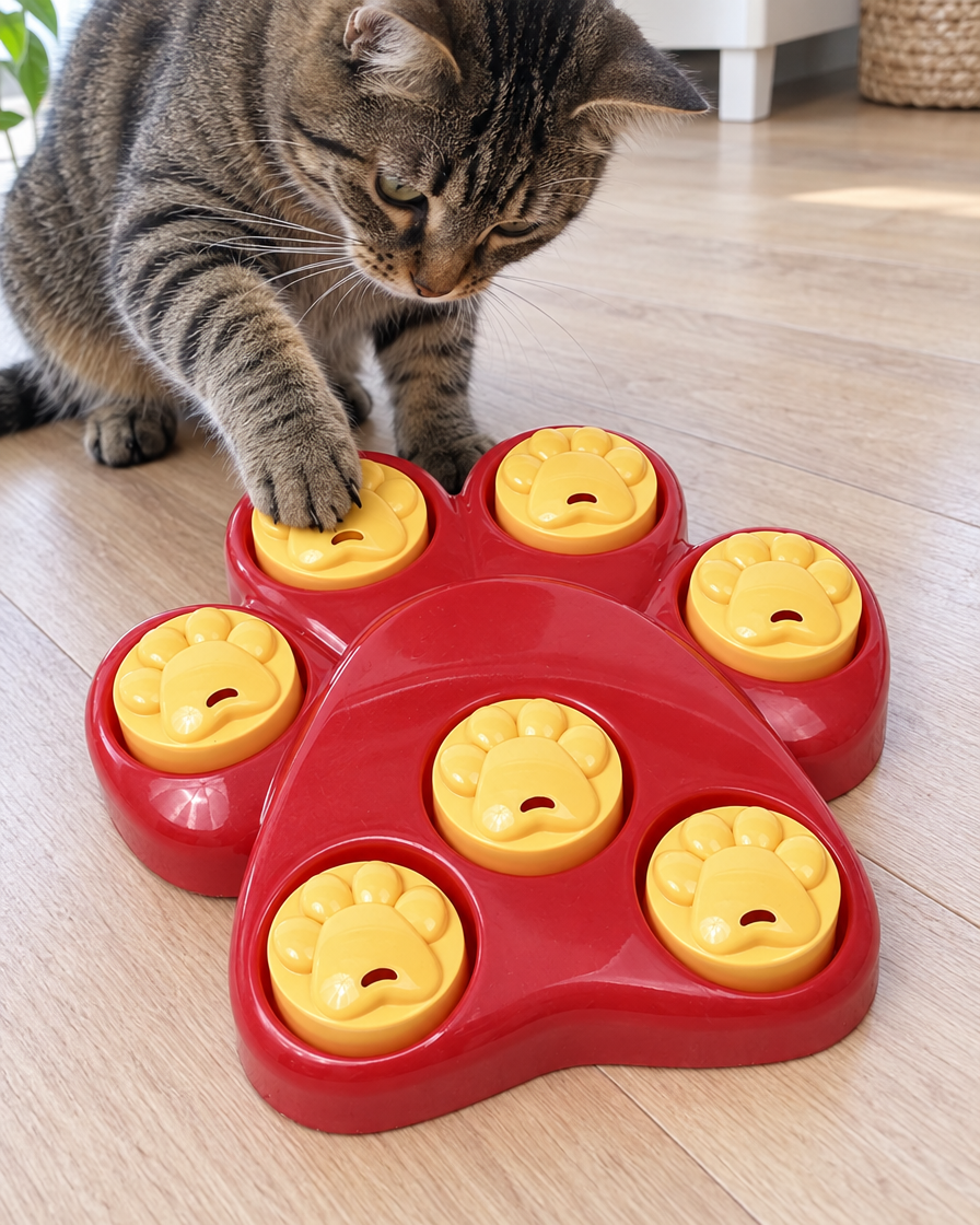 Chat ouvrant un couvercle du puzzle à friandises