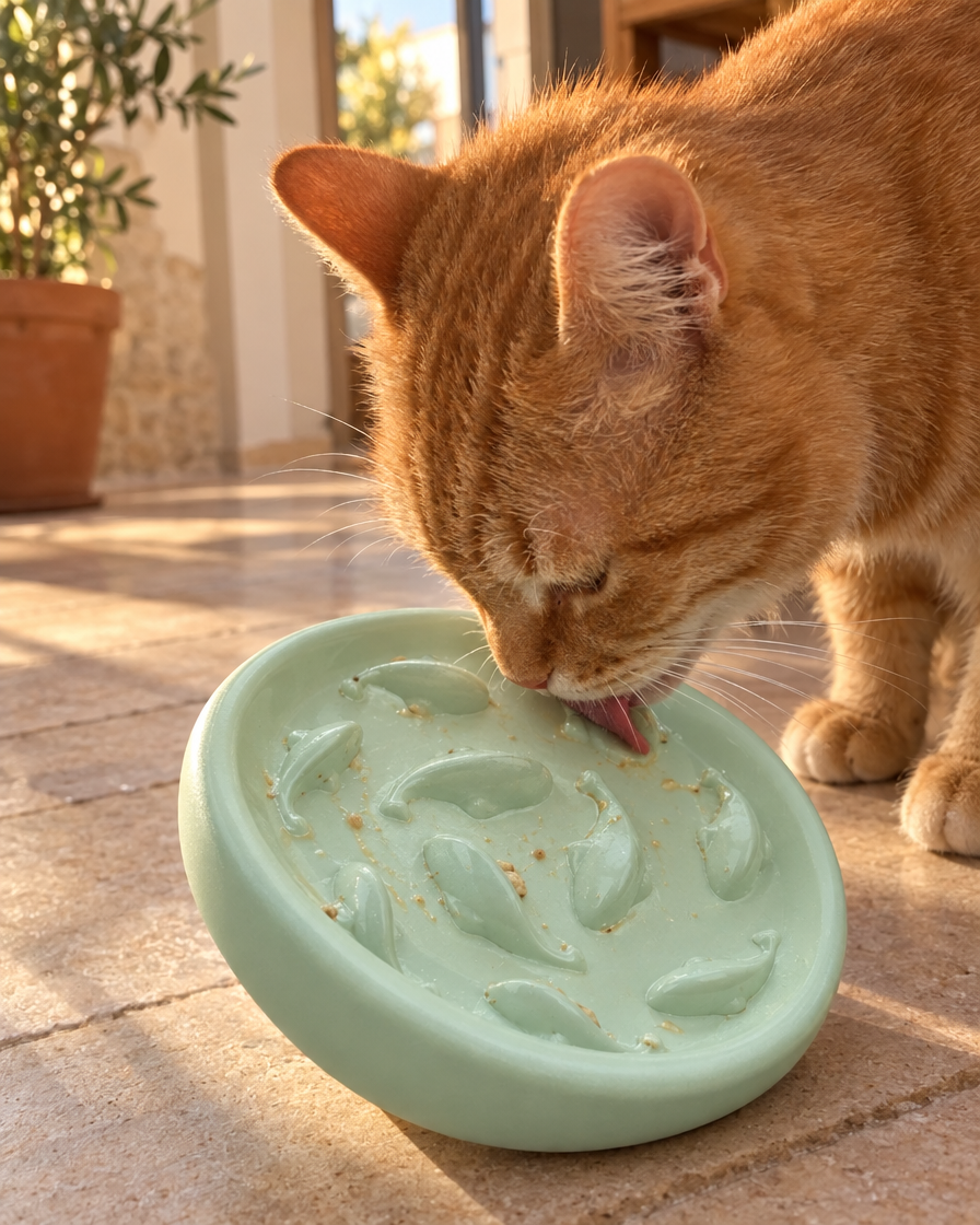Chat roux léchant la gamelle anti-glouton