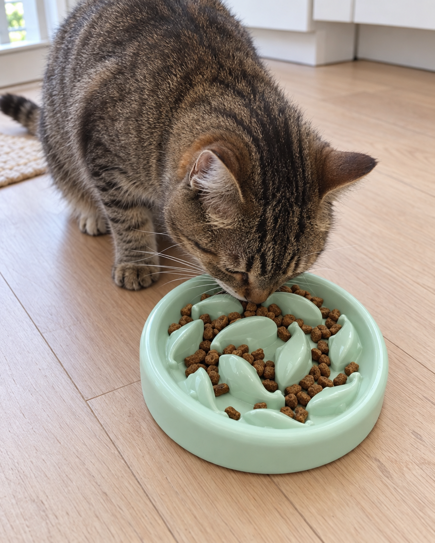 Chat mangeant lentement dans la gamelle anti-glouton