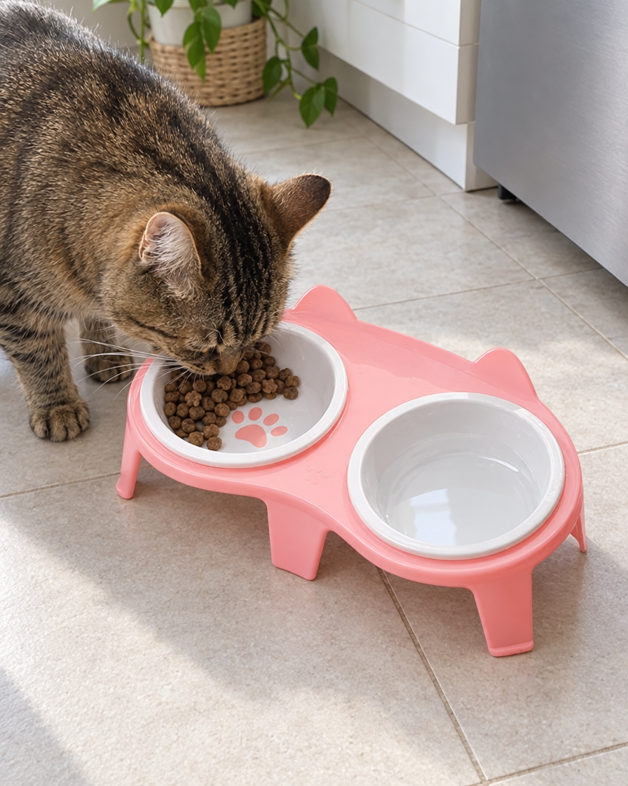 Chat mangeant dans la double gamelle surélevée
