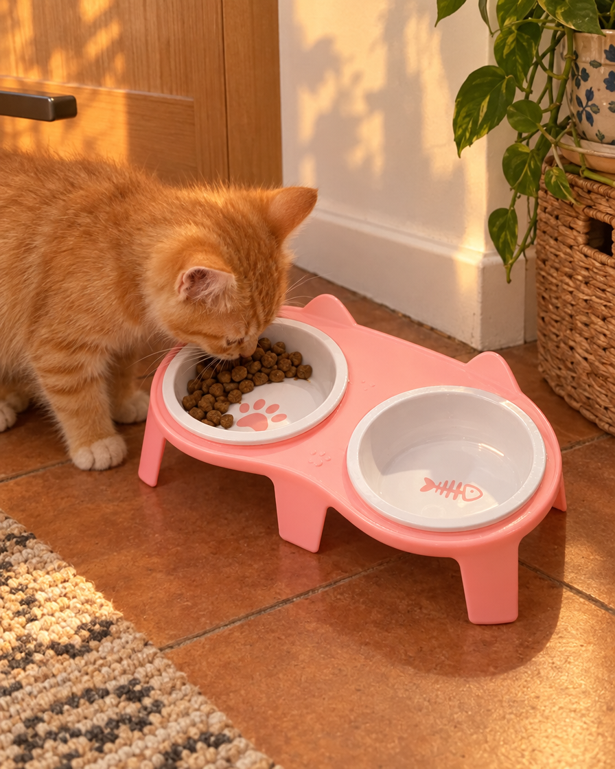 Chaton roux mangeant dans la double gamelle
