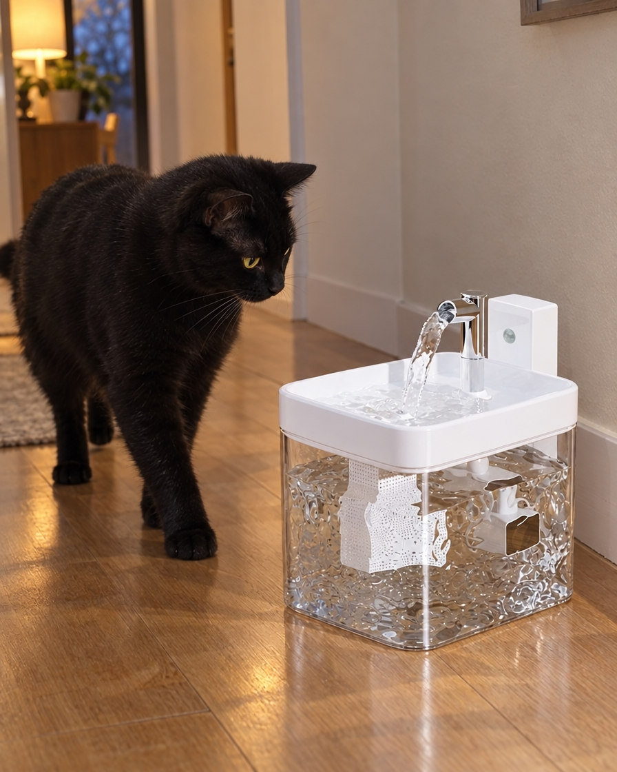 Chat noir s'approchant de la fontaine sans fil