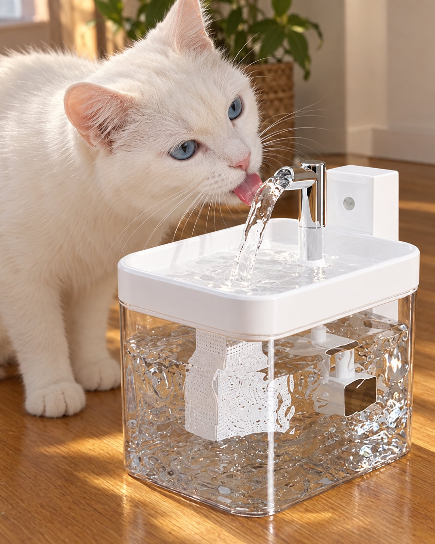 Chat blanc buvant au filet d'eau de la fontaine