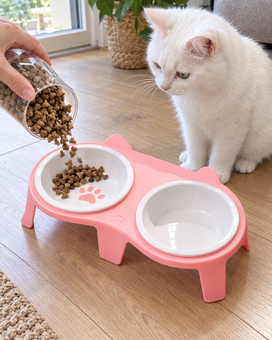 Remplissage de la double gamelle pour chat